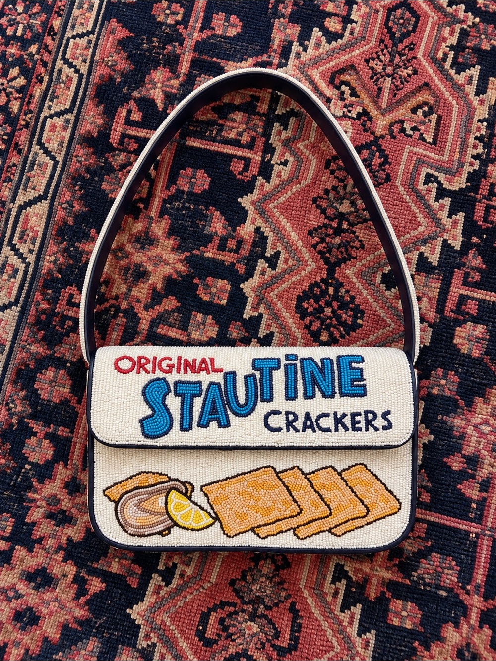 STAUD Stautunes Tommy Beaded Bag in Cream, Blue and Tan